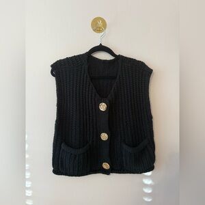 Anthropologie Black Chunky Knit Button Vest with Gold Buttons